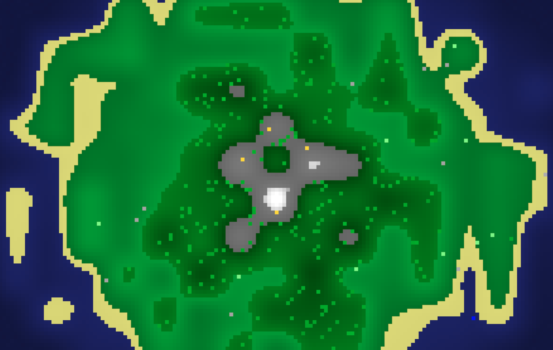 Generated Game Map, zu sehen ist eine Insel mit Strand, Wald, Wiesen und einem Berggipfel. Die Insel ist von Wasser umgeben.